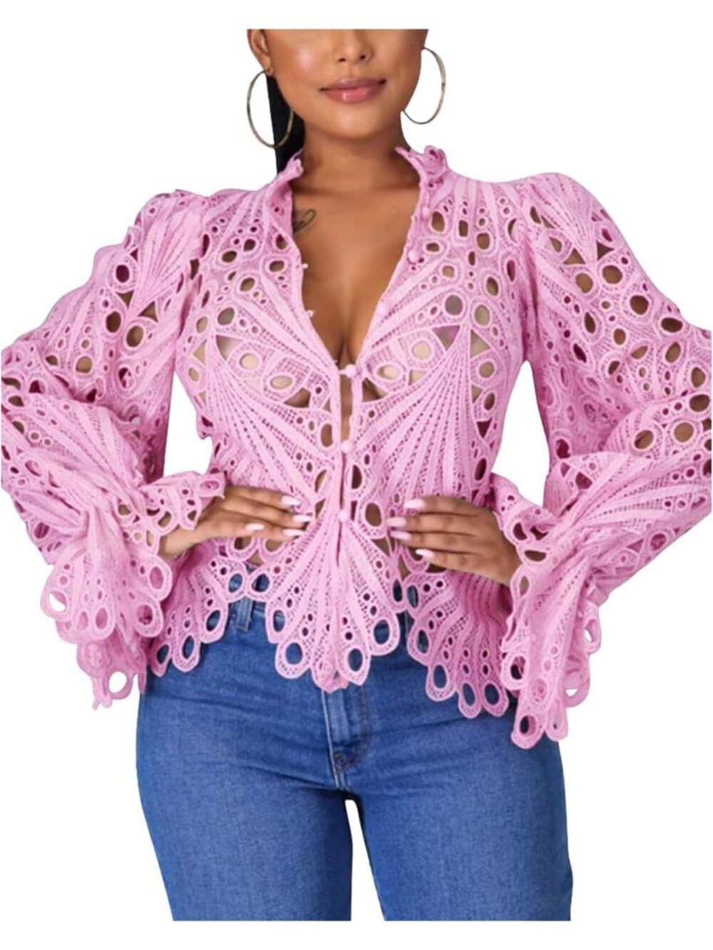 🆕Women’s Light Pink Lace Ruffle Puff Long Sleeve Button Down Tops Flare Tunic